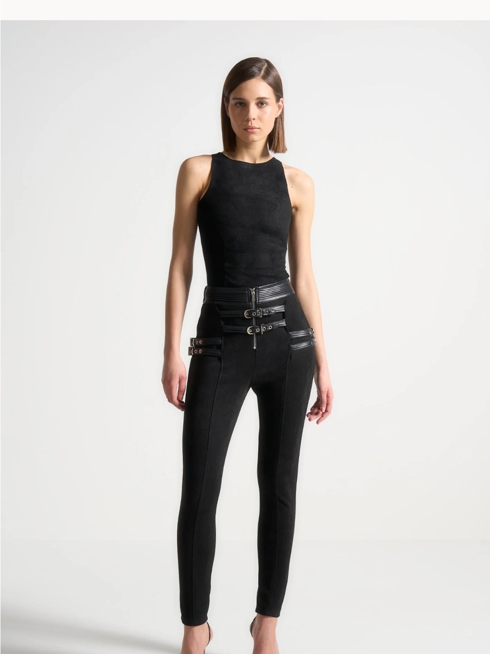 Black High-Waist Tailored Pants with Buckle Details - Picture 5 of 16
